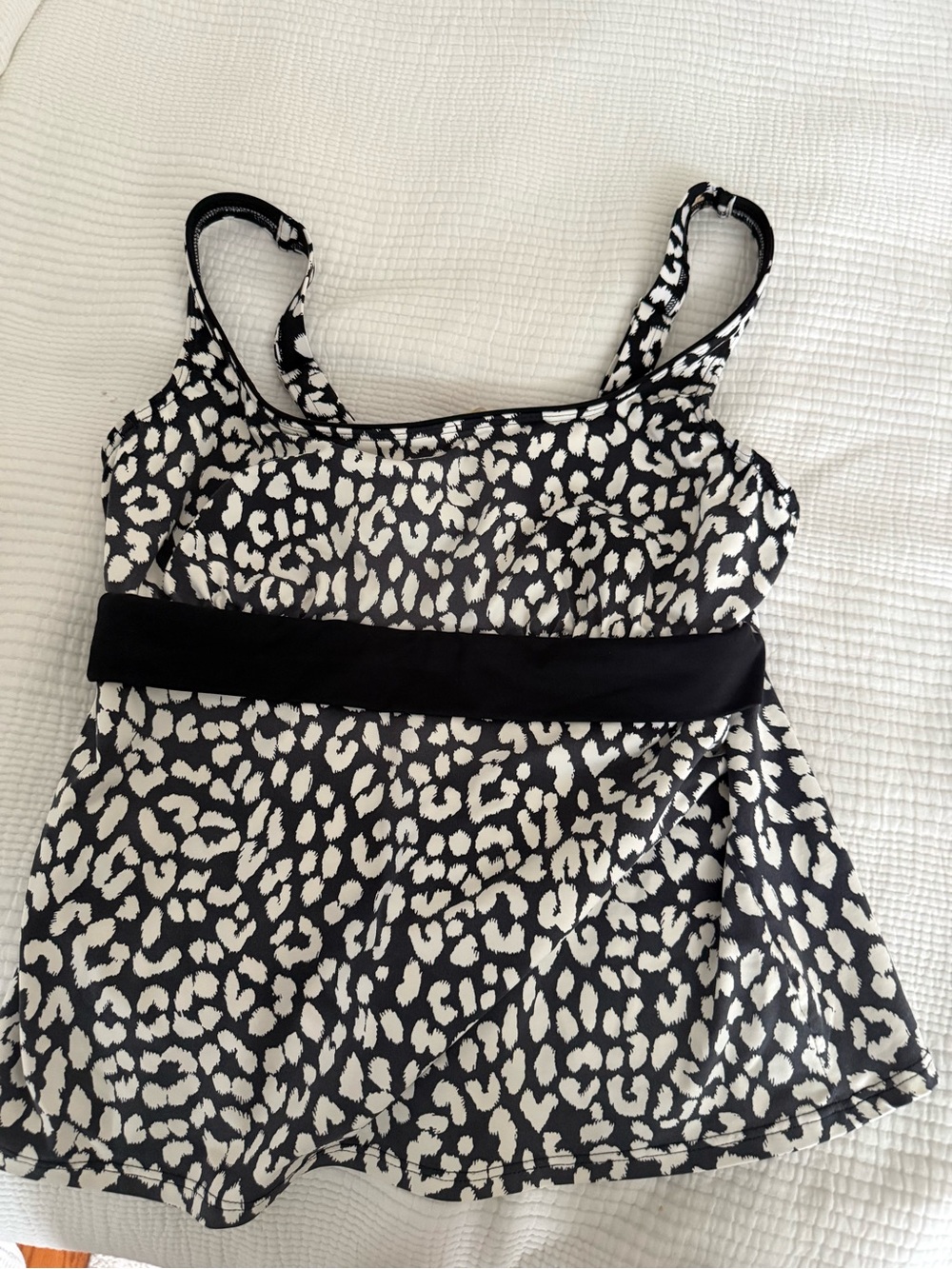 Lands' End Black and White Leopard Print Tankini Top with Black Waistband